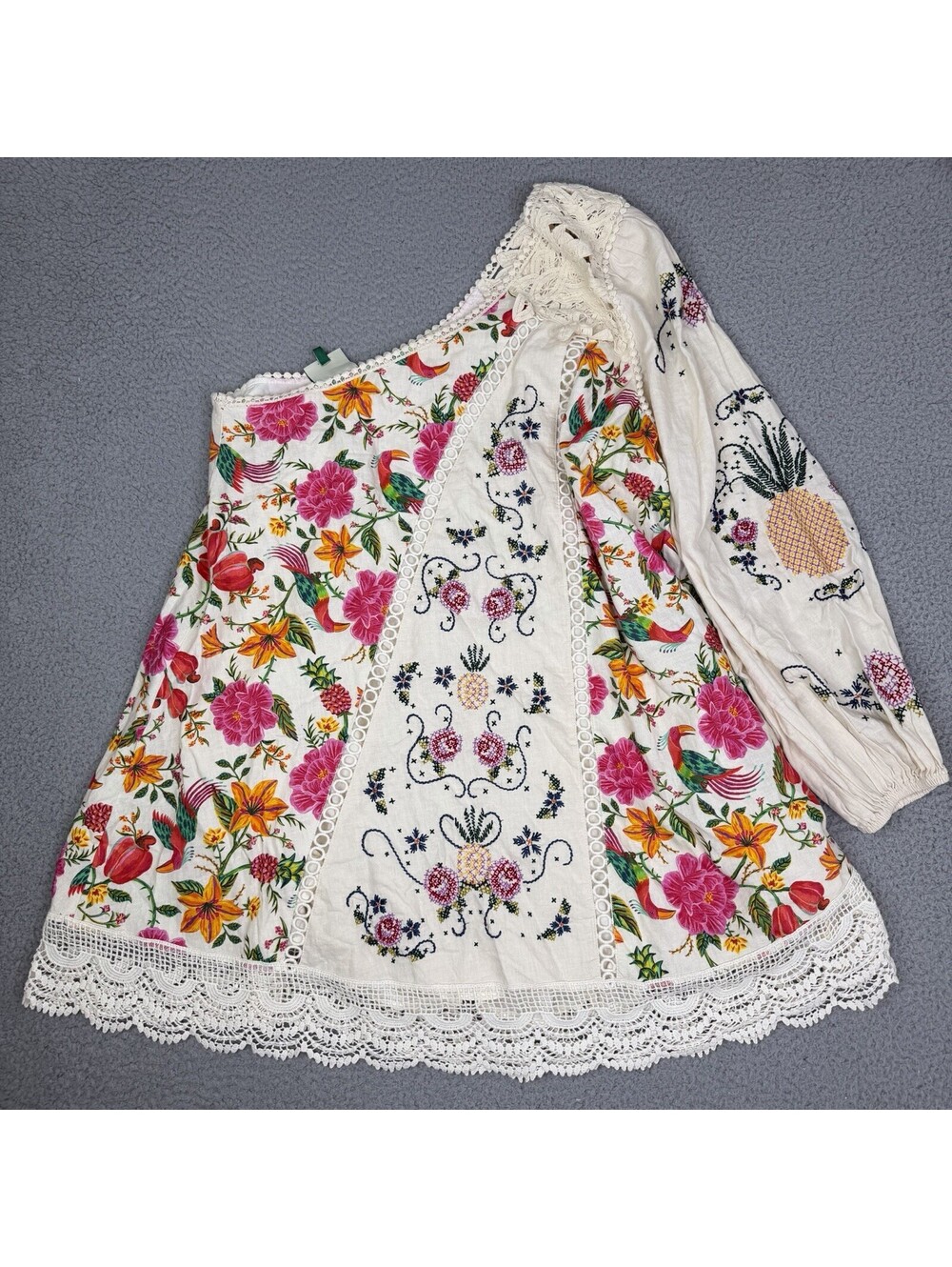 FARM RIO One Shoulder Top Tunic Size L Linen Blend Embroidered Floral Tropical